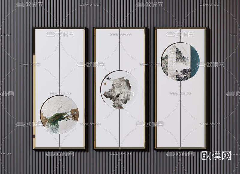 新中式山石挂画3d模型下载
