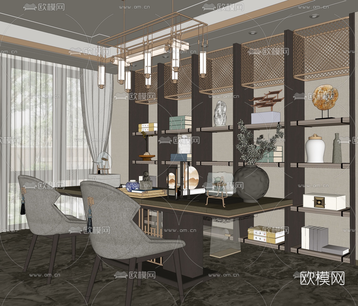 新中式书房su模型下载