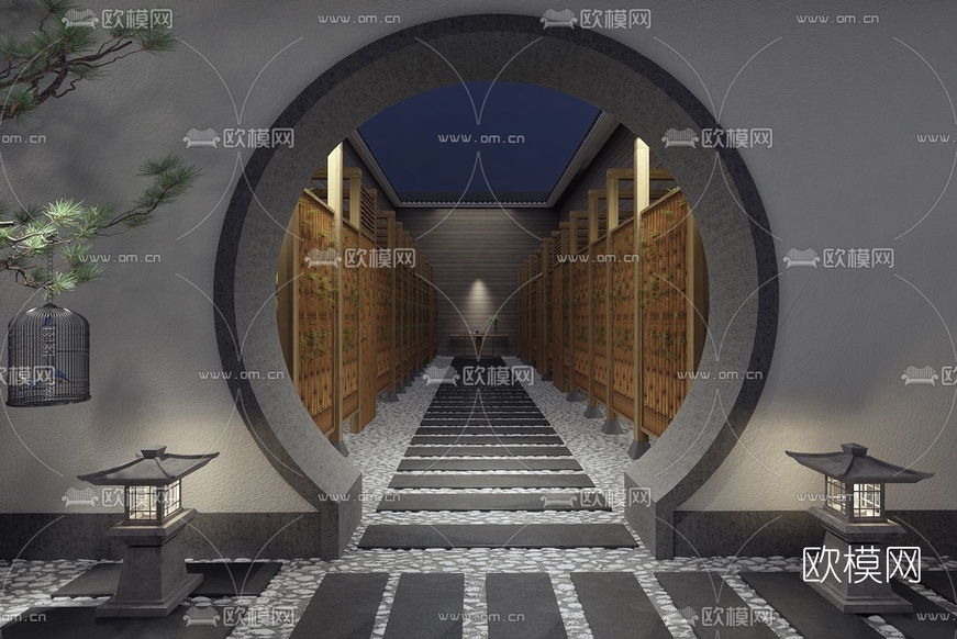 中式别墅庭院景观3d模型下载(渲染图2)