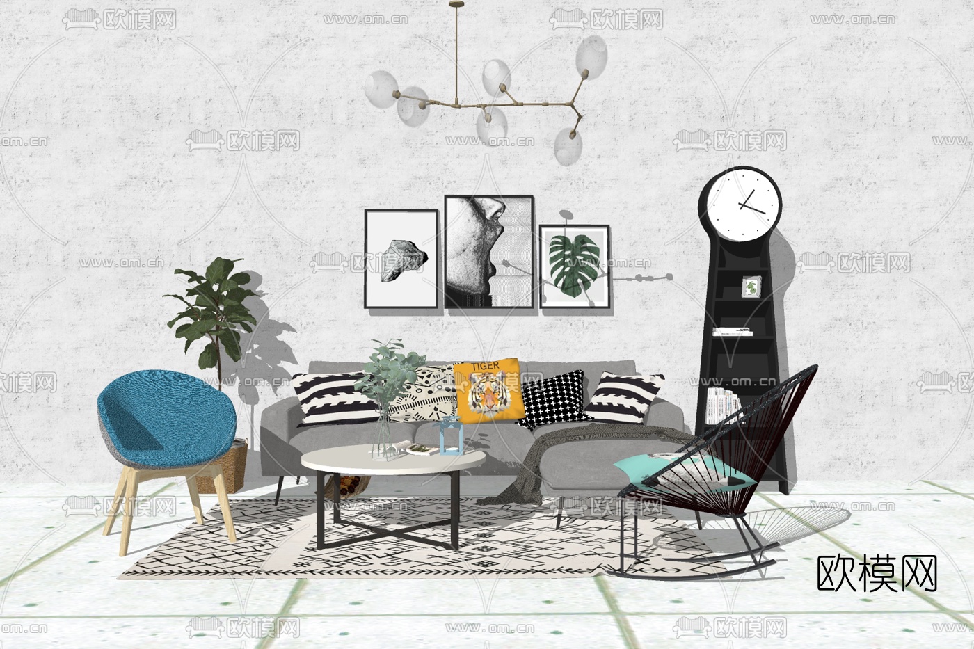 北欧布艺组合沙发su模型下载