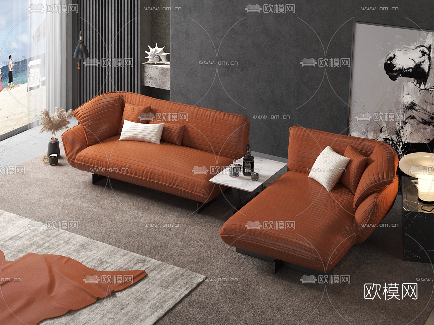 现代皮革转角多人沙发3d模型下载（渲染图2）