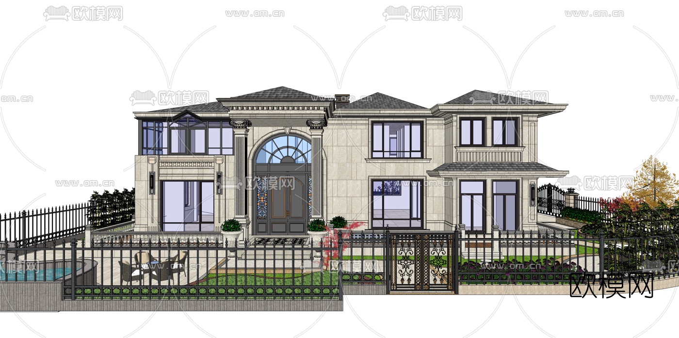 欧式独栋别墅外观su模型下载