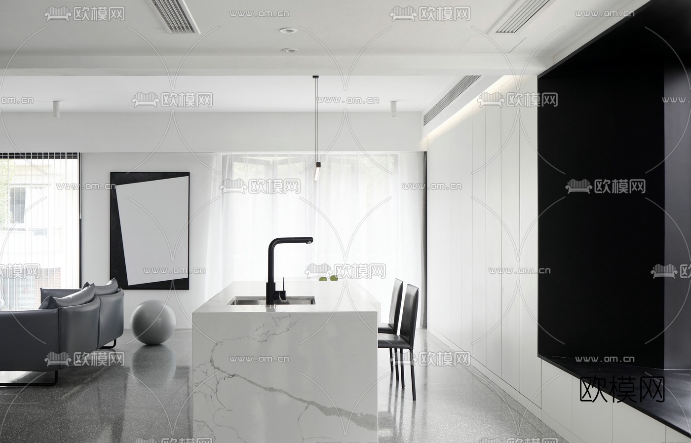 现代极简客厅餐厅3d模型