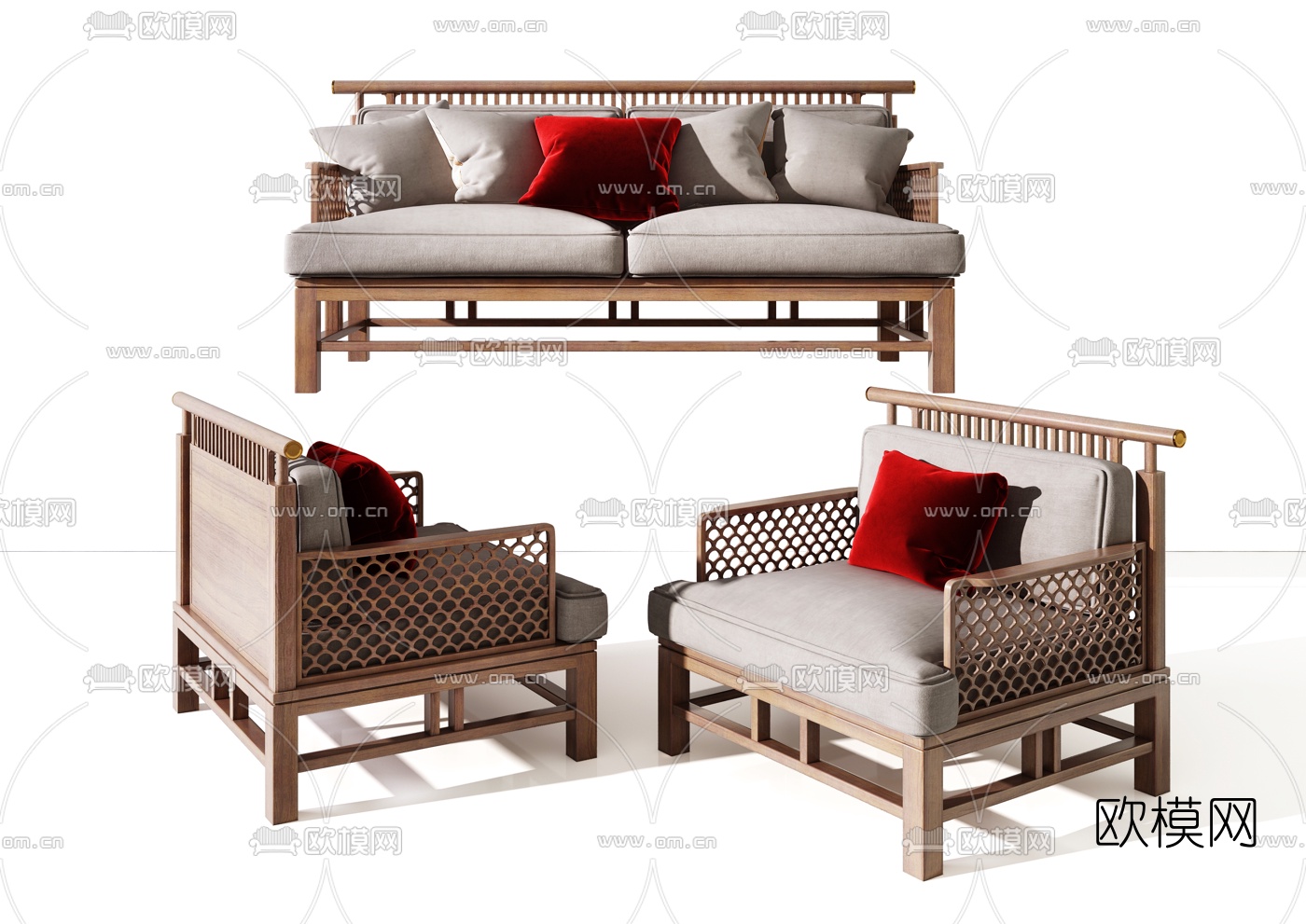 新中式布艺双人单人沙发3d模型下载