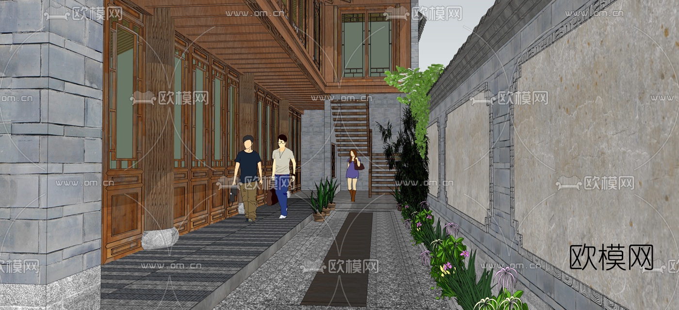 中式三开间院子su模型下载（渲染图5）