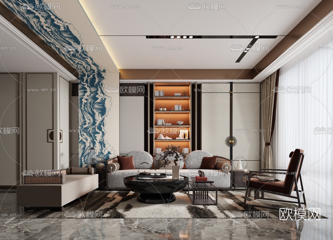 新中式布艺沙发组合3d模型-免费3dmax模型库-欧模网