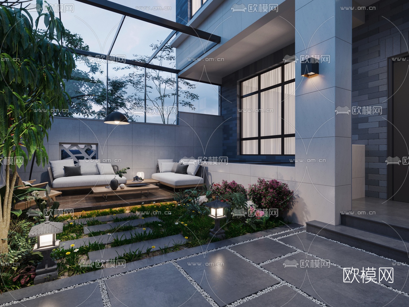 现代别墅庭院花园夜景3d模型下载（渲染图1）