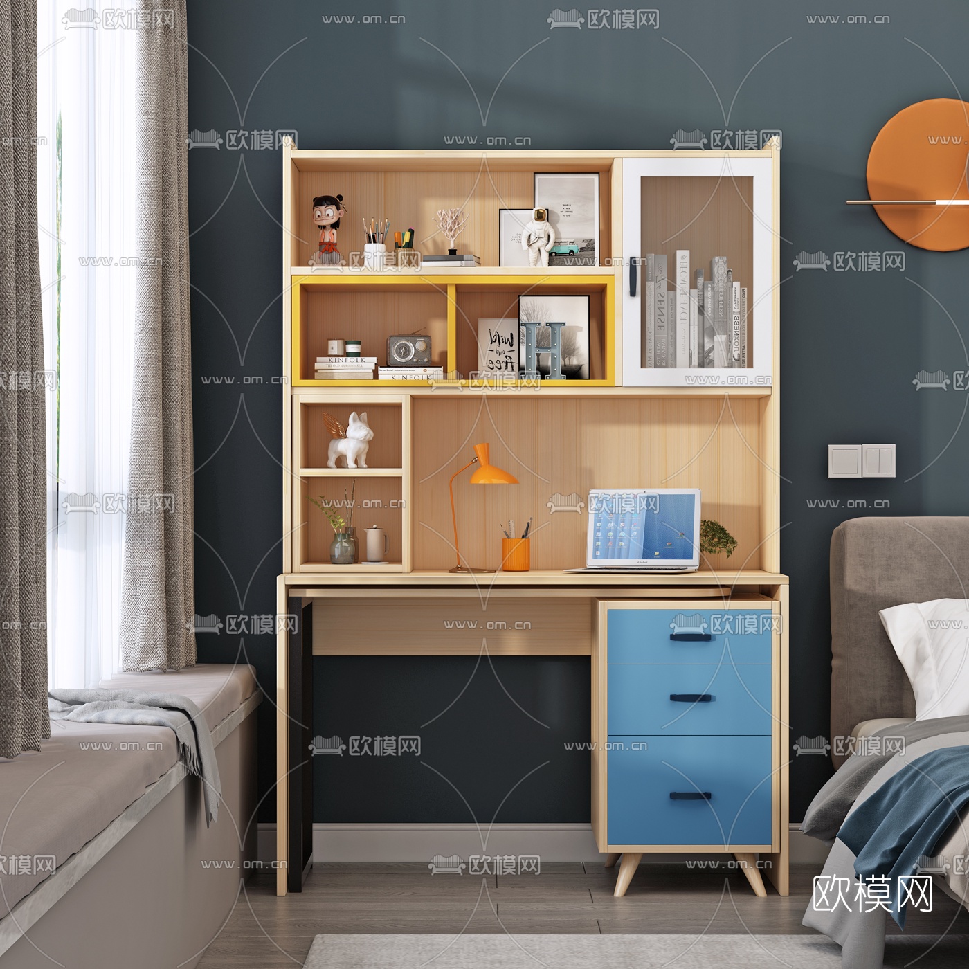北欧一体式书桌椅书柜3d模型下载（渲染图3）