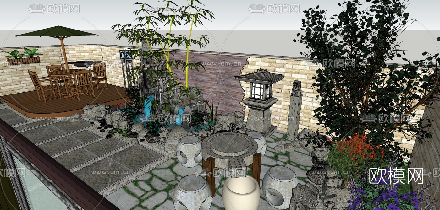 新中式别墅庭院景观su模型下载（渲染图8）