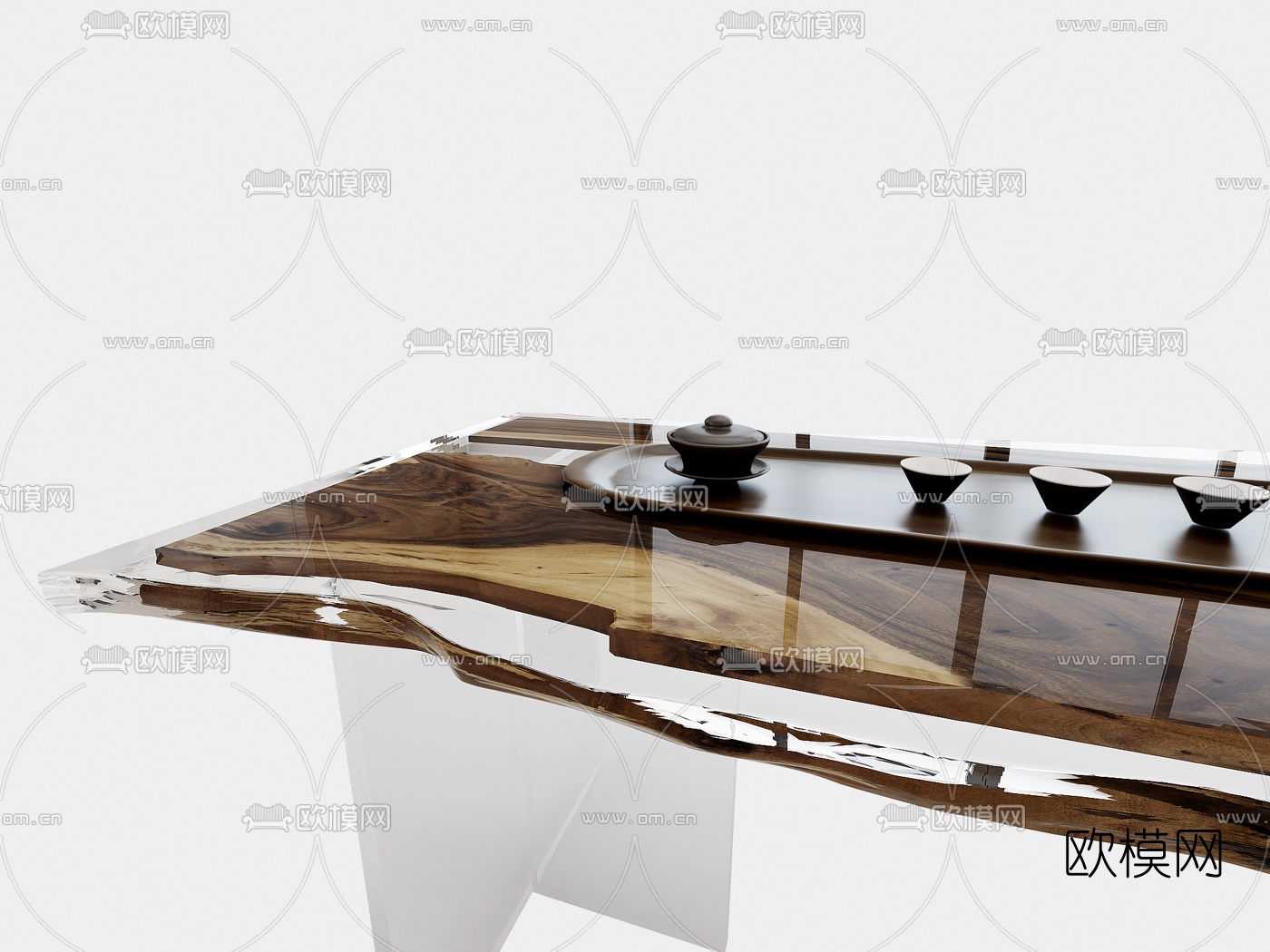 新中式树纹玻璃茶桌3d模型下载（渲染图2）