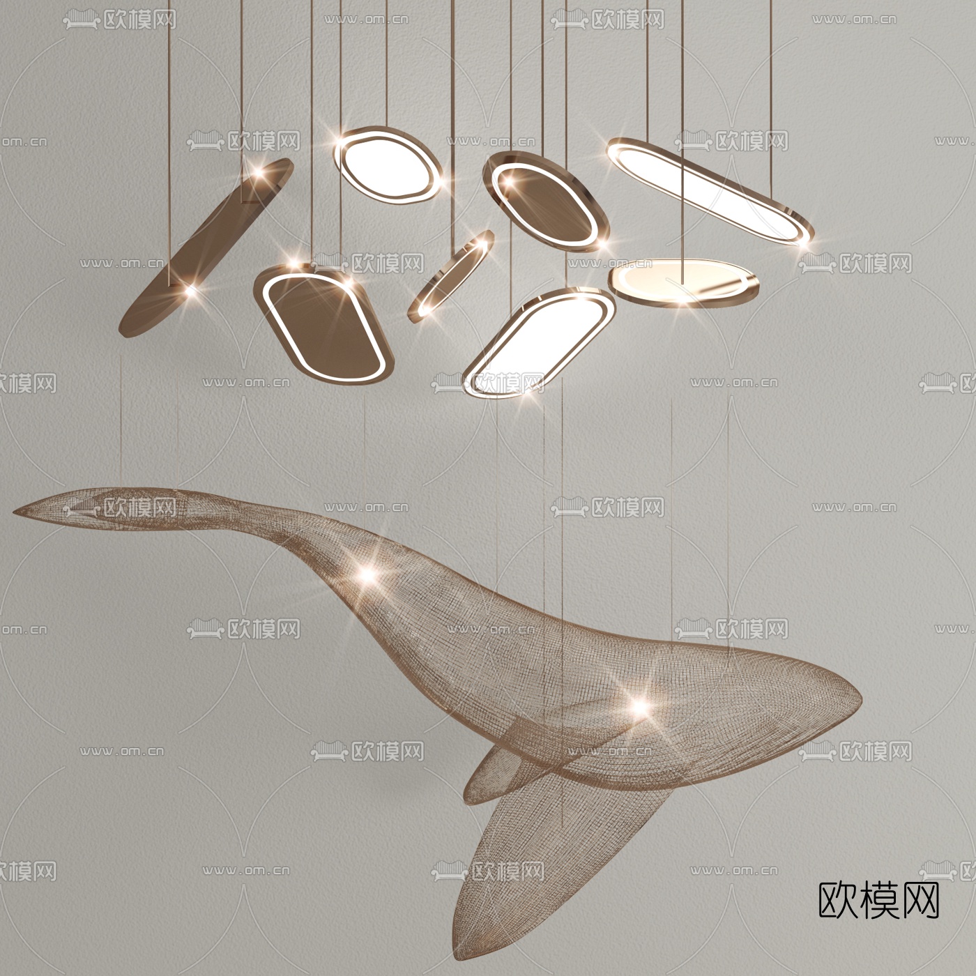 现代金属鲸鱼装饰吊灯3d模型
