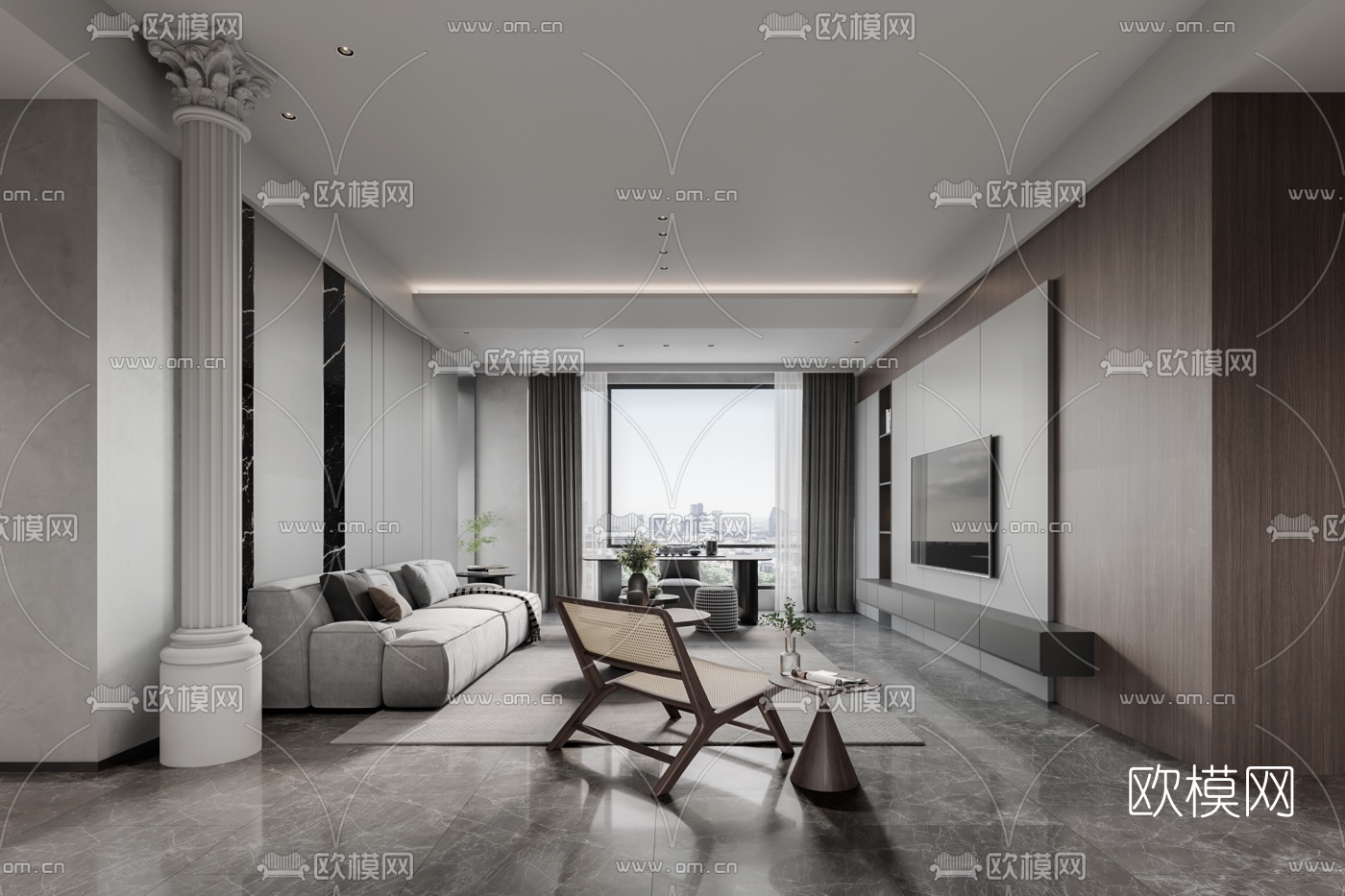 现代高级灰客厅餐厅3d模型下载（渲染图1）
