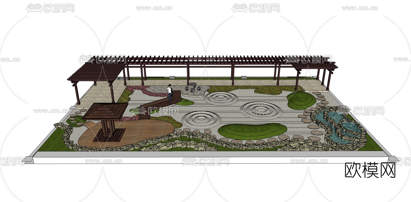新中式别墅庭院景观su模型下载（渲染图4）
