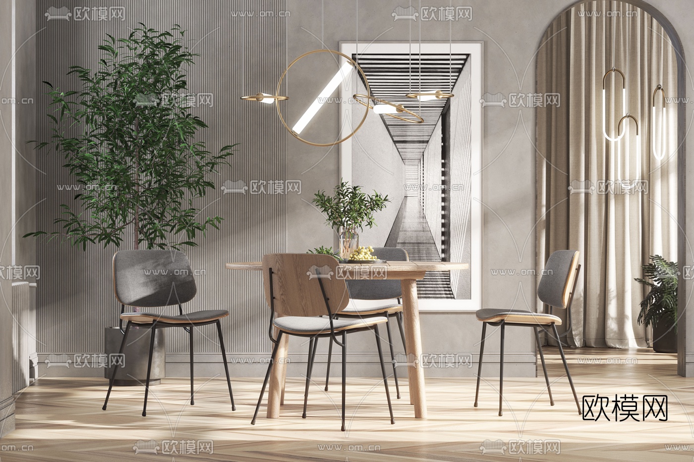 北欧圆形餐桌椅3d模型下载（渲染图1）