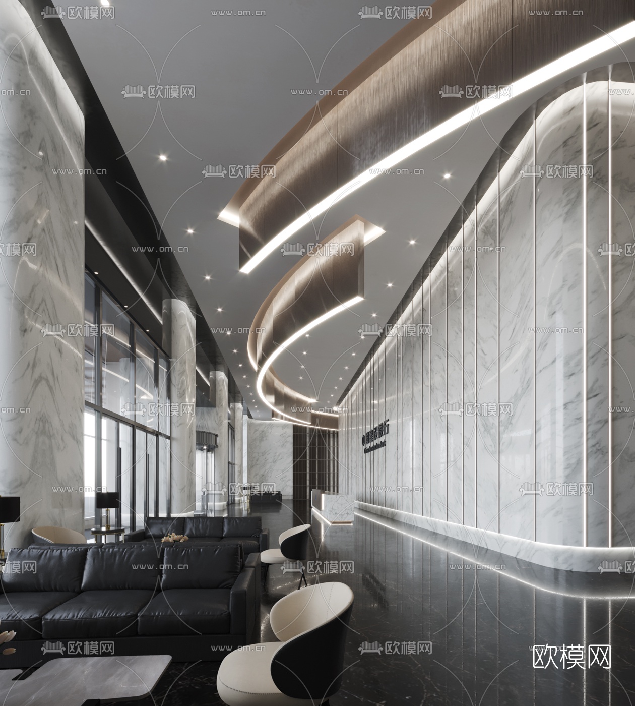 现代银行总部大堂前台3d模型下载（渲染图2）