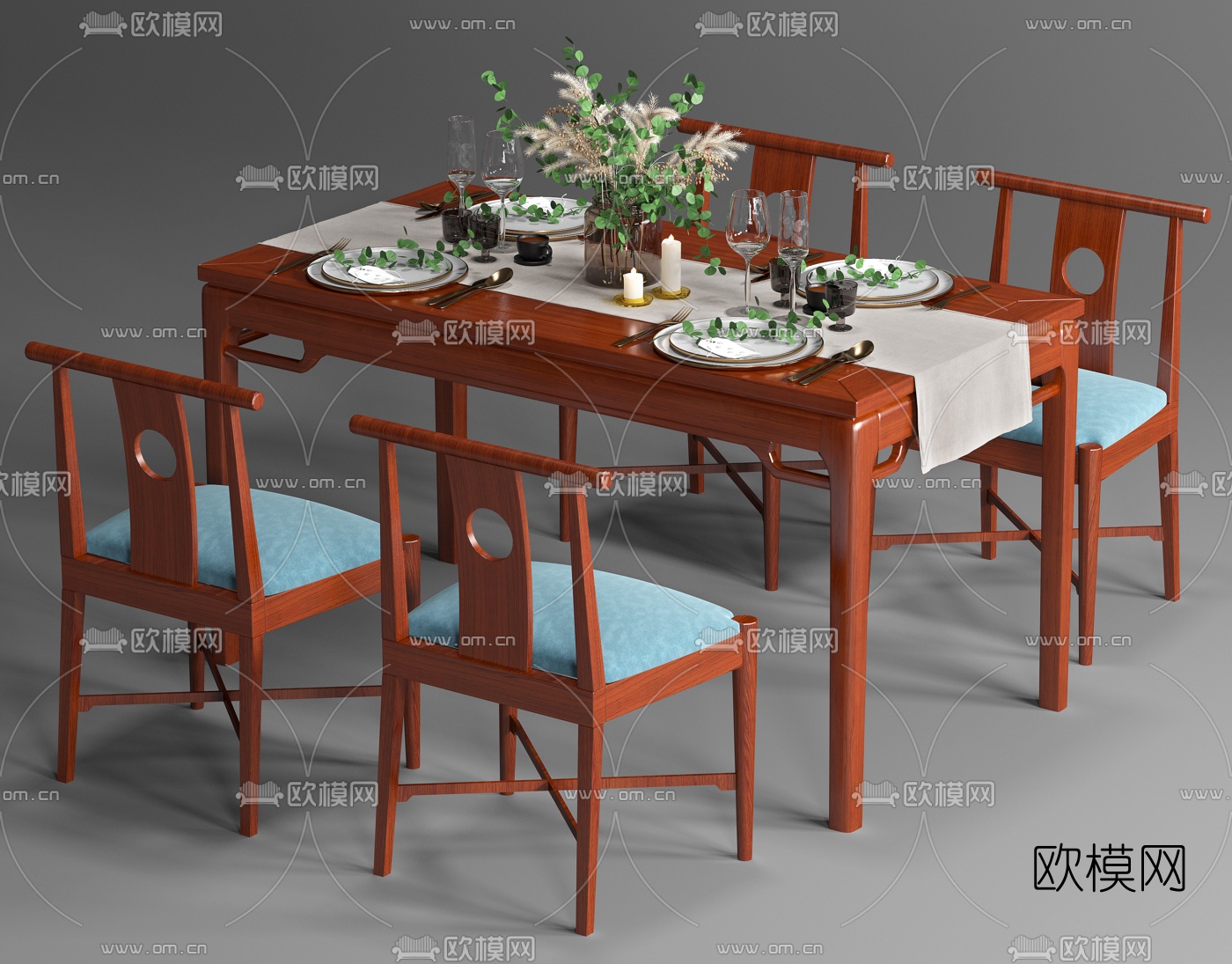 新中式实木餐桌椅3d模型