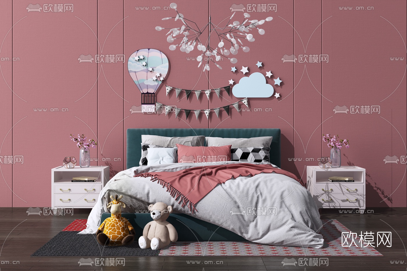 北欧布艺双人床su模型下载（渲染图2）