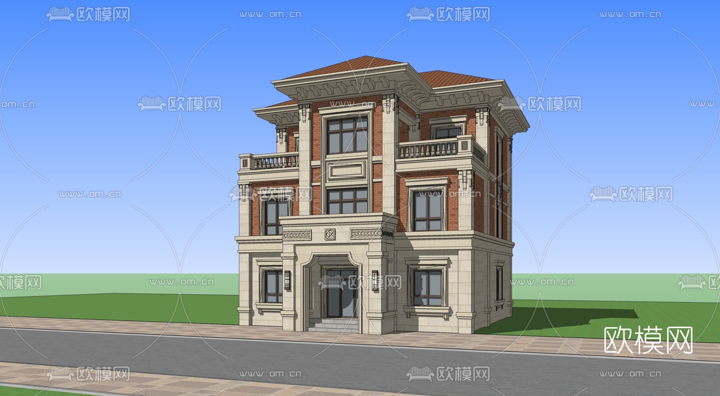 欧式独栋别墅外观su模型下载（渲染图2）