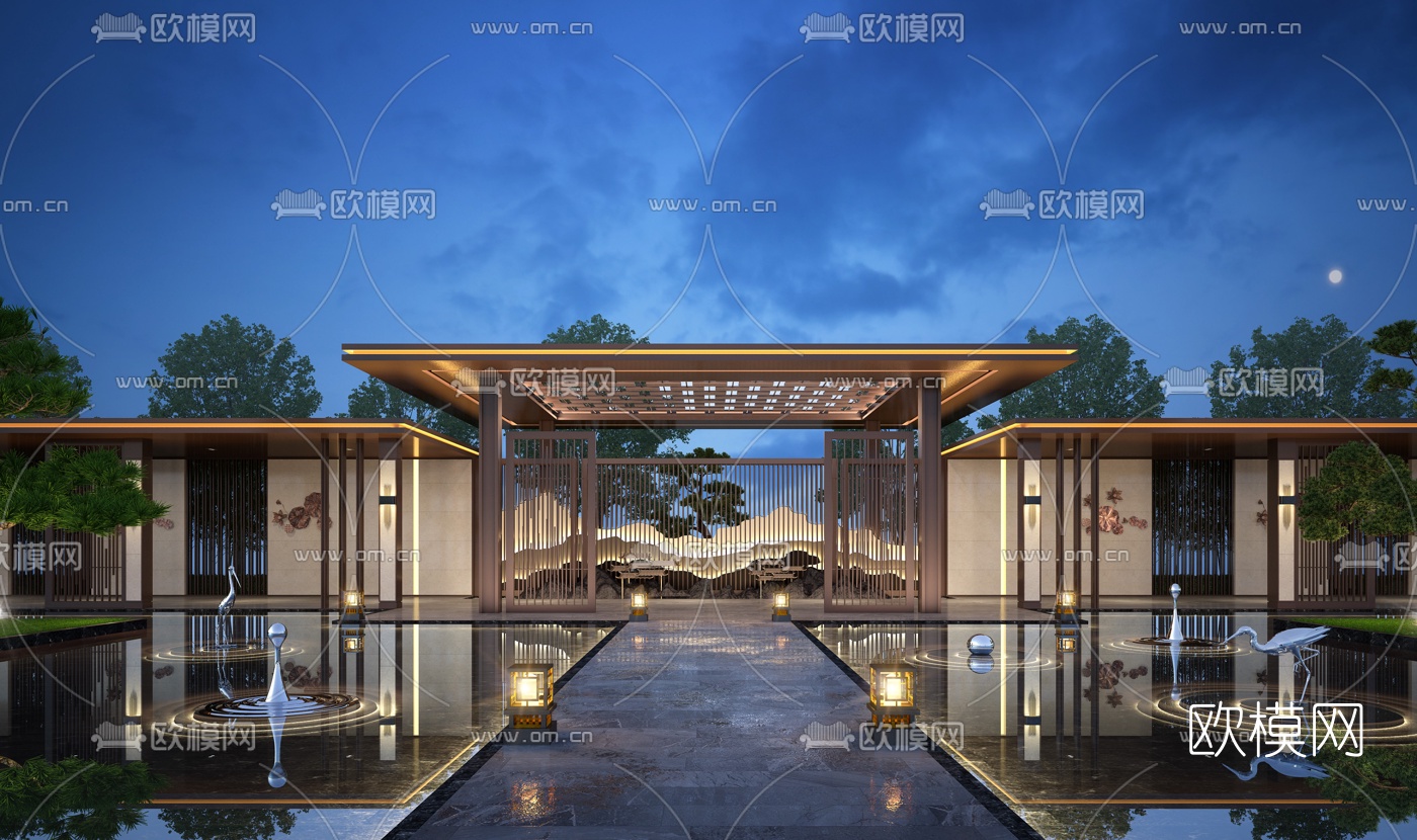 新中式长廊园林夜景3d模型下载