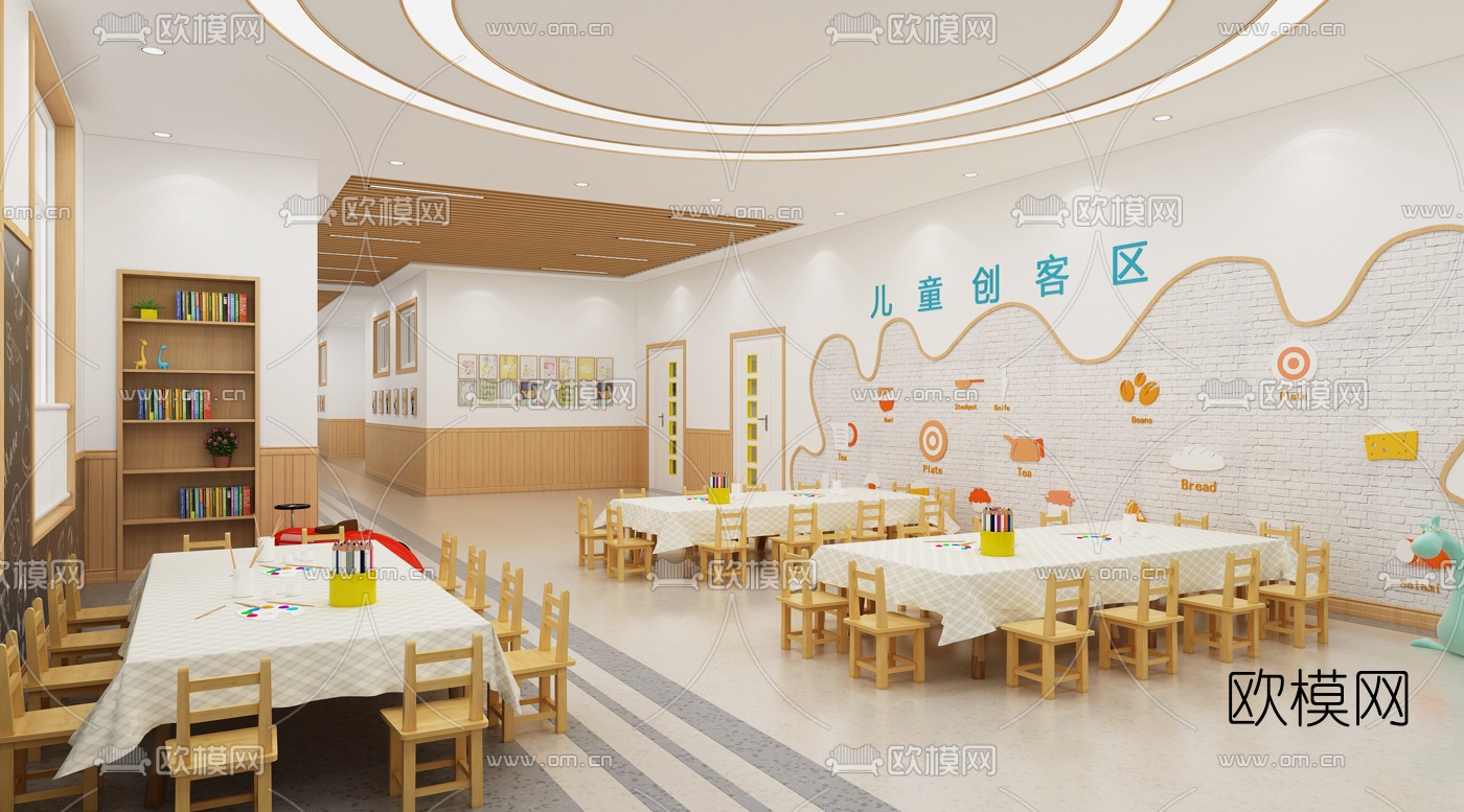 现代幼儿园走廊课室3d模型