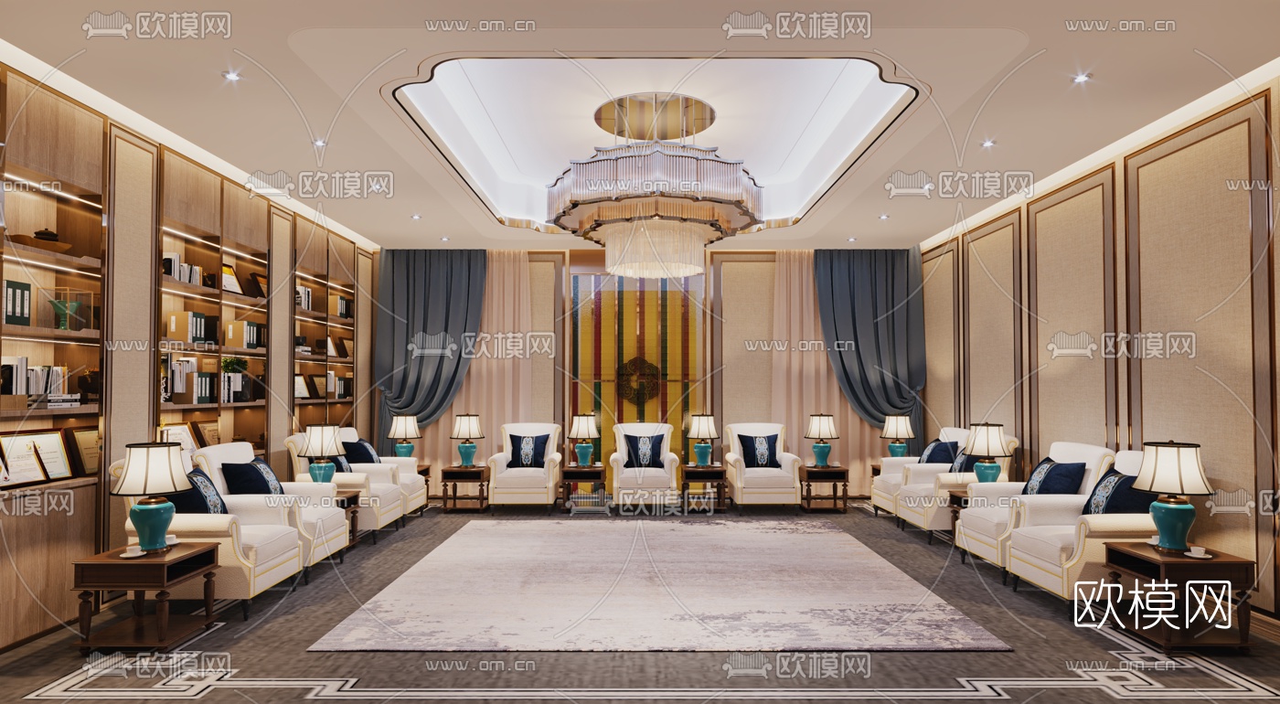 新中式酒店会客室3d模型下载