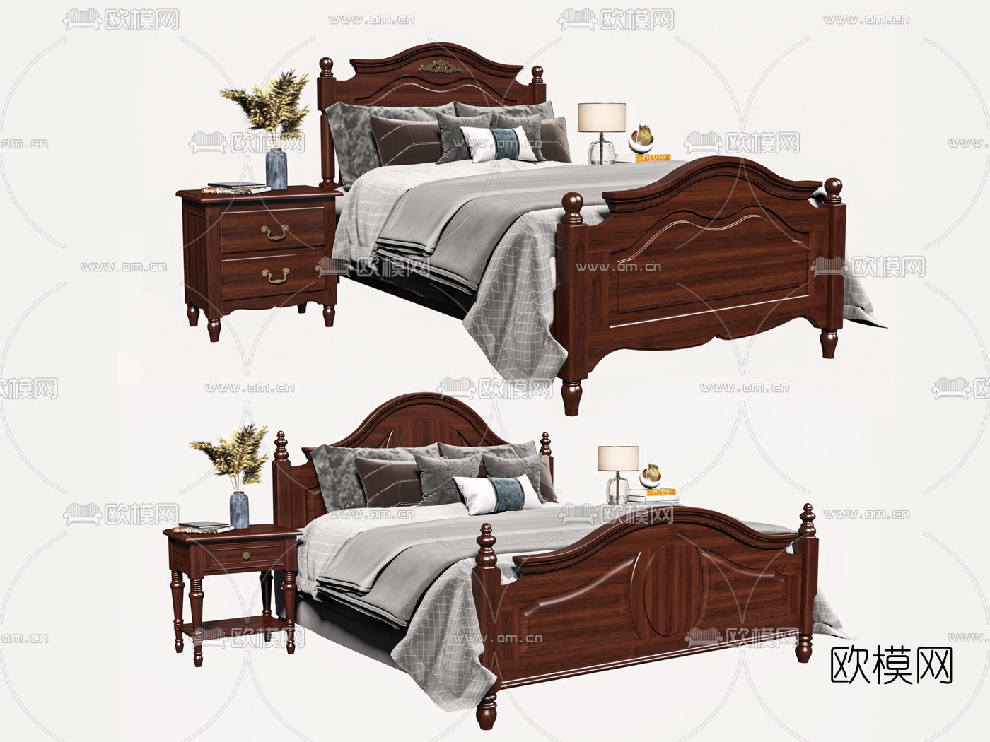 美式实木双人床3d模型下载（渲染图2）