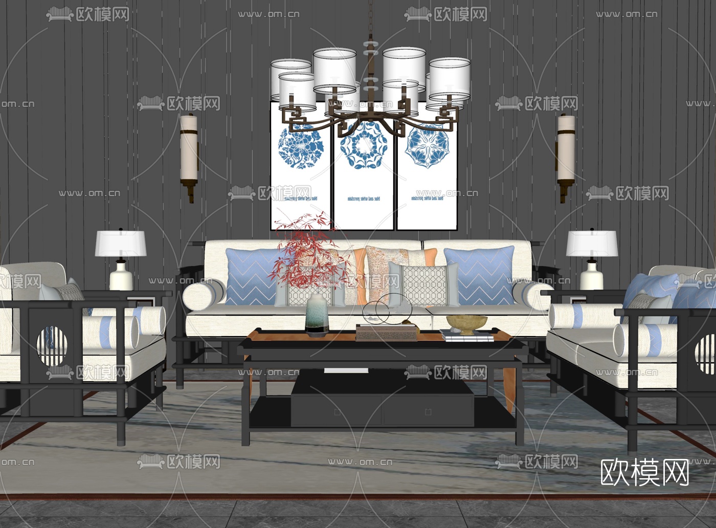 新中式布艺沙发组合su模型下载