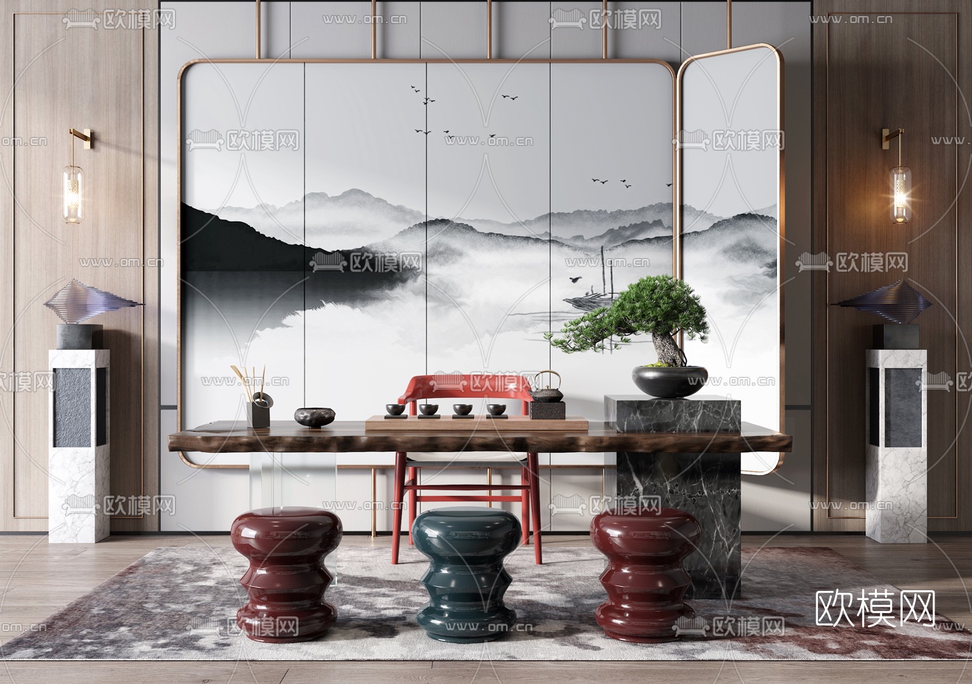 新中式实木茶桌椅3d模型