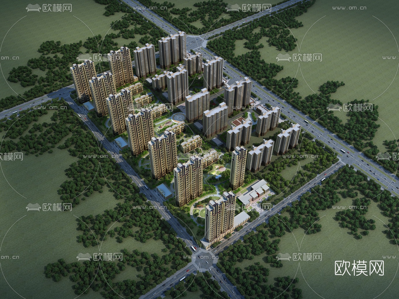 现代住宅小区鸟瞰3d模型下载