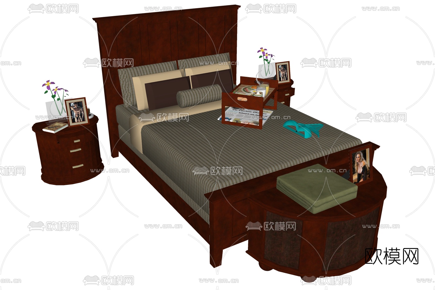 美式实木双人床su模型下载