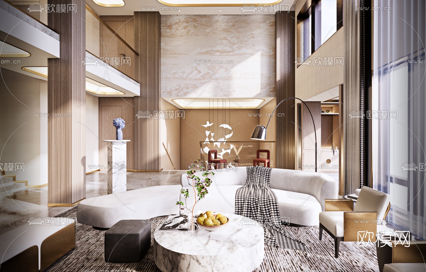 现代挑空客厅su模型下载（渲染图1）