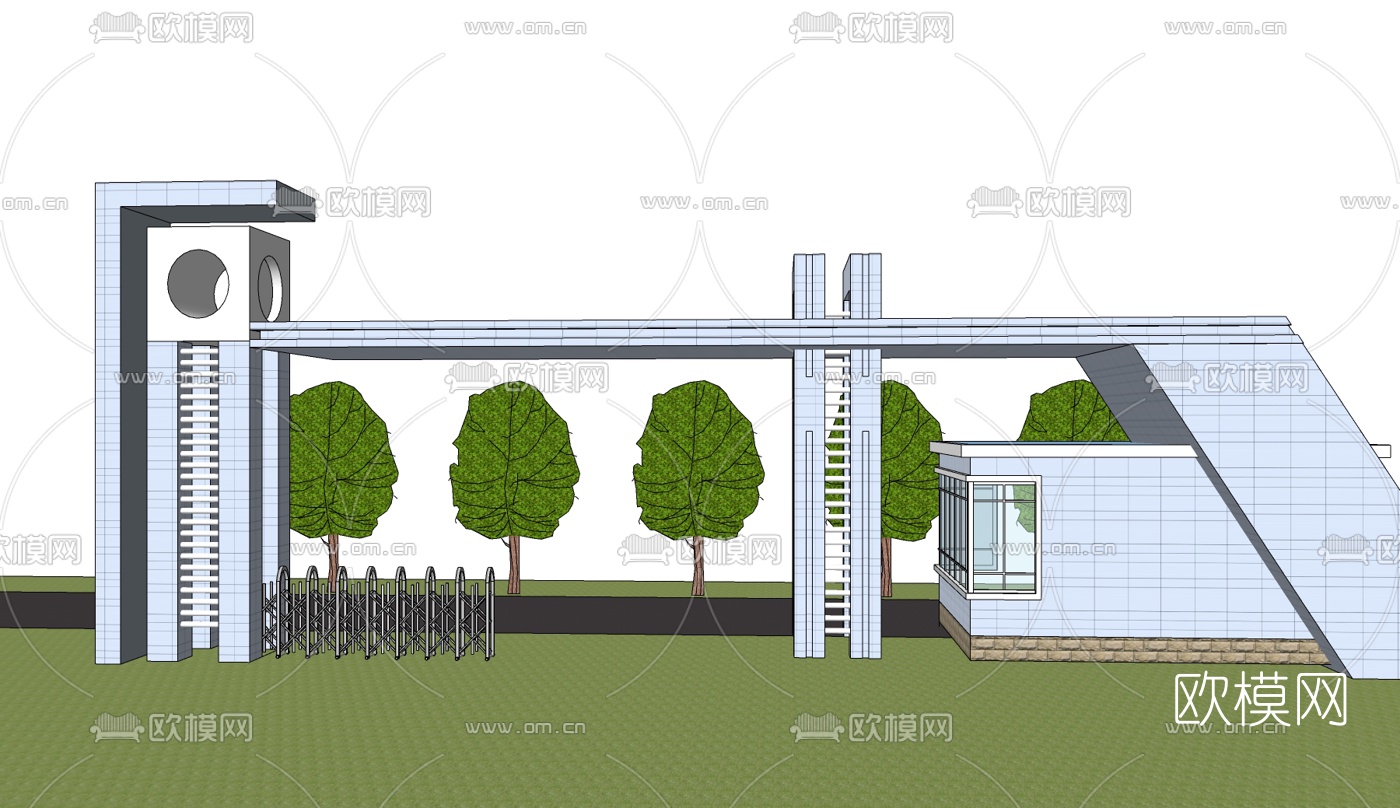现代学校大门免费su模型下载