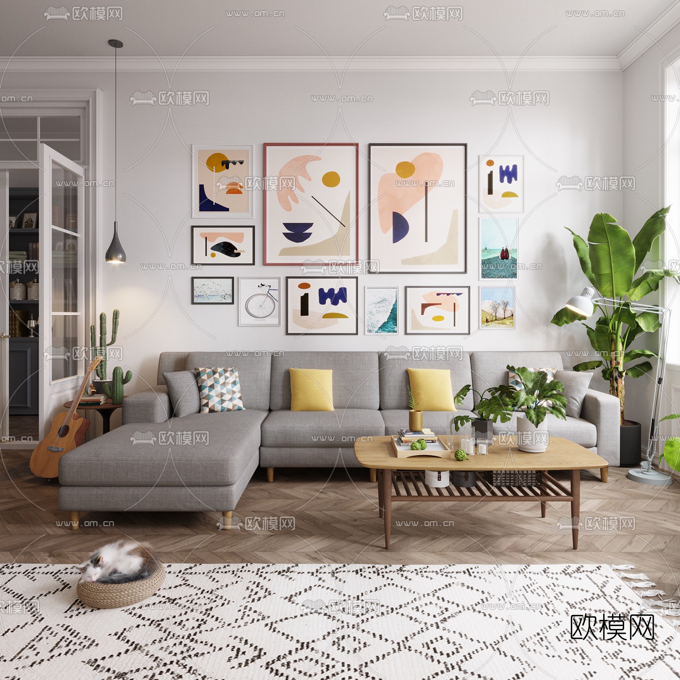 北欧布艺转角沙发组合3d模型下载（渲染图3）