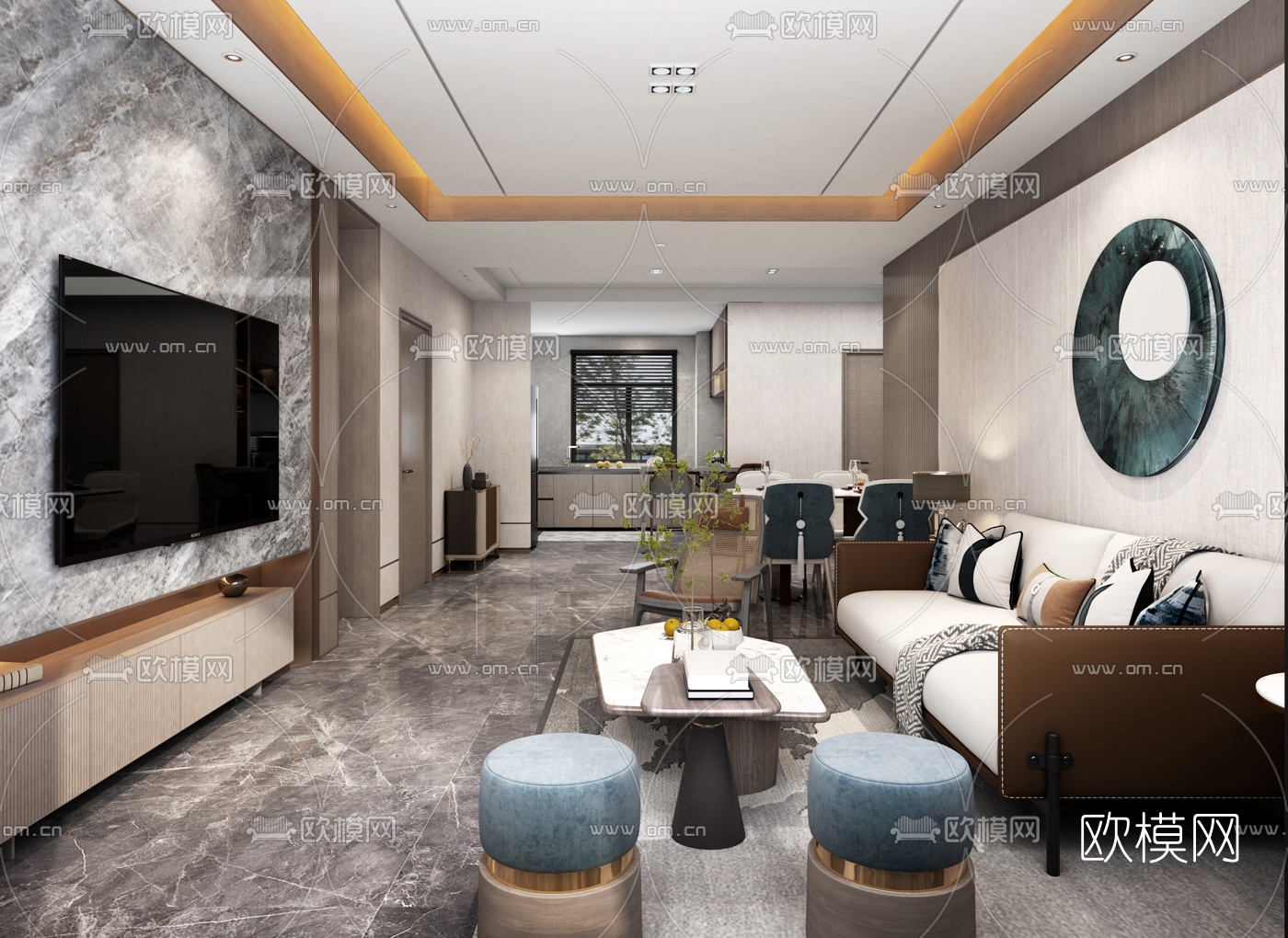 现代客厅餐厅免费3d模型下载（渲染图1）