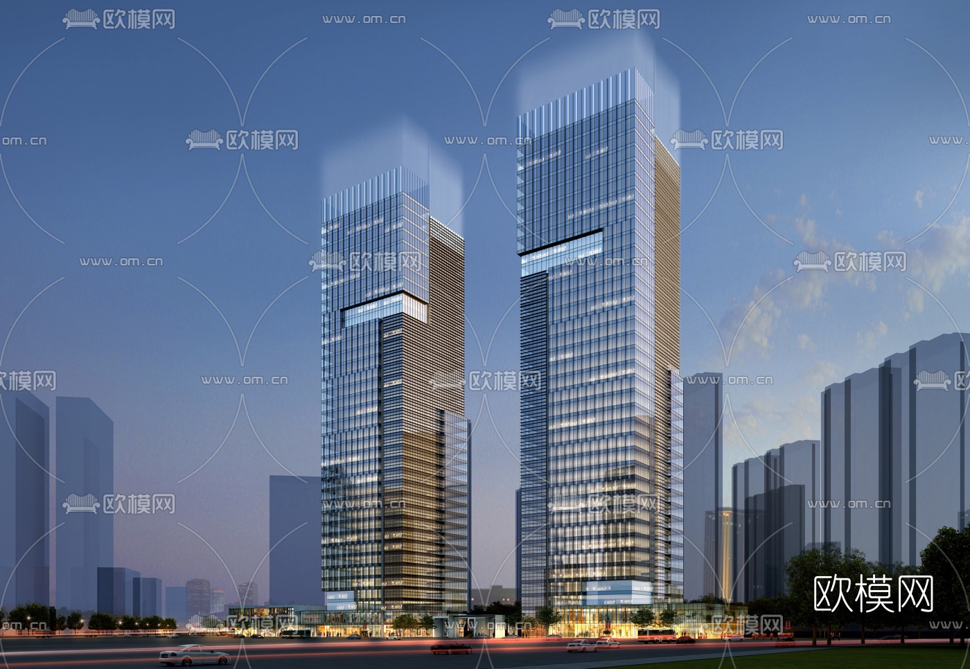 现代高层办公楼建筑外观夜景3d模型