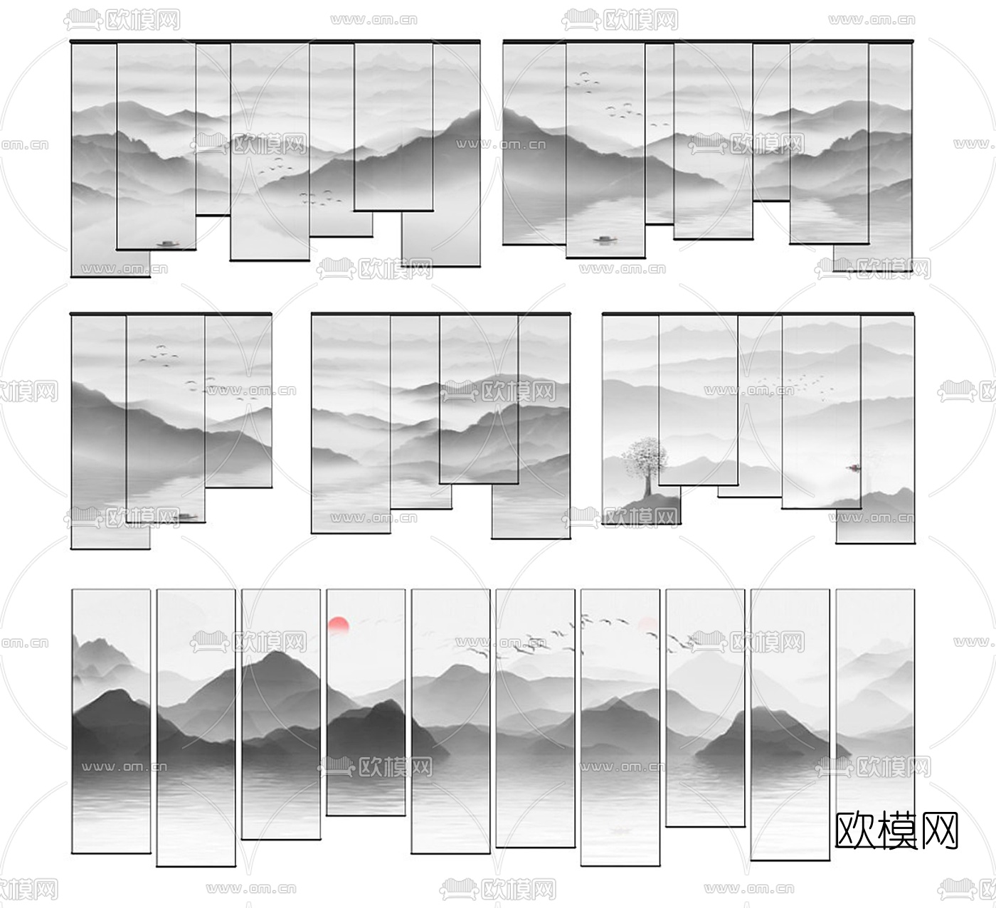 新中式山水窗帘su模型下载