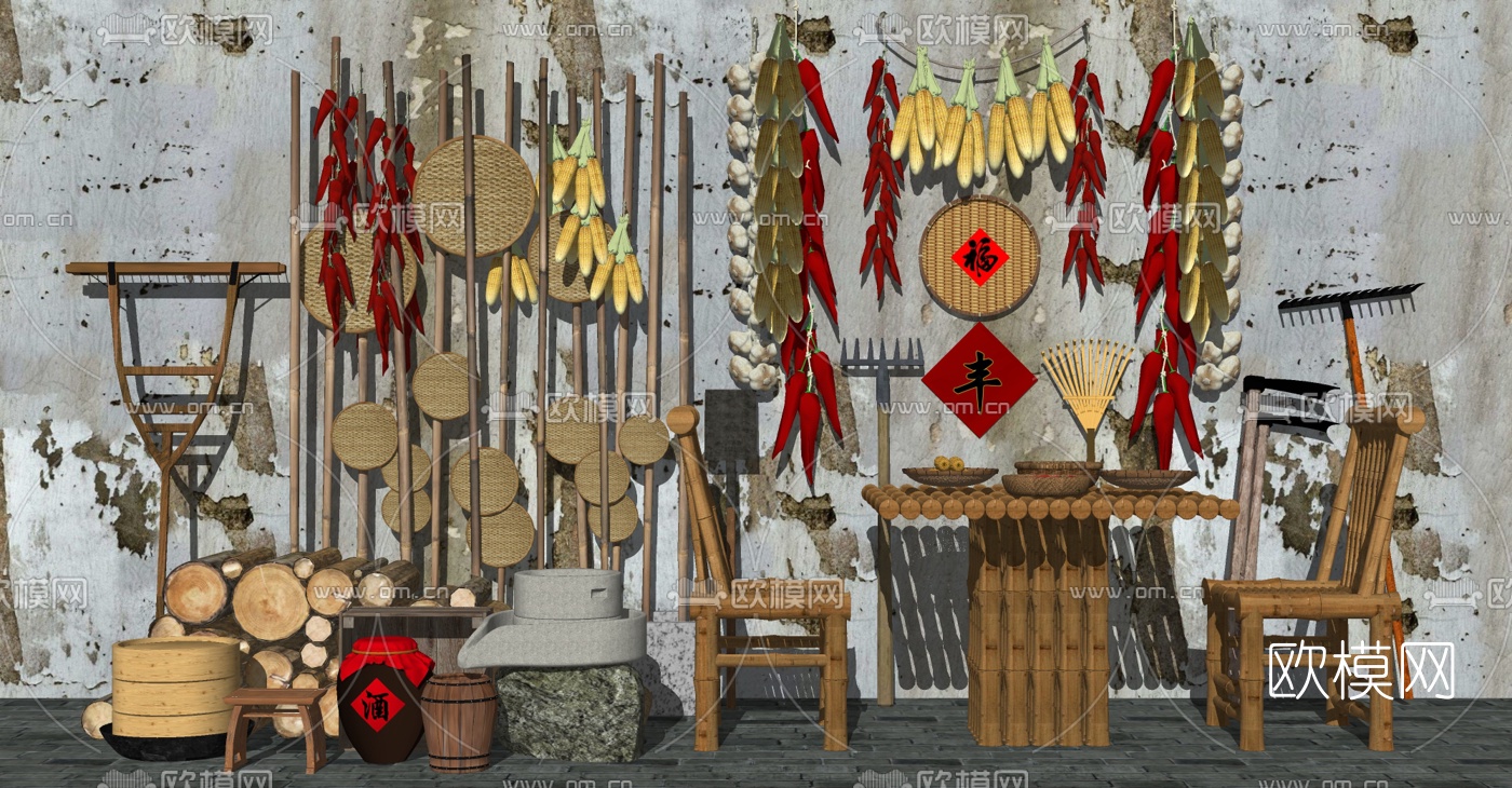 中式农家小院农具su模型下载（渲染图2）