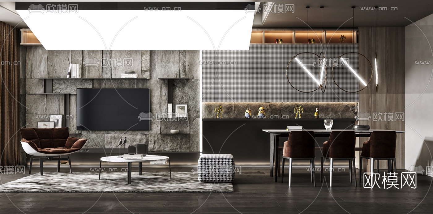 工业风电视背景餐桌椅组合3d模型下载（渲染图4）