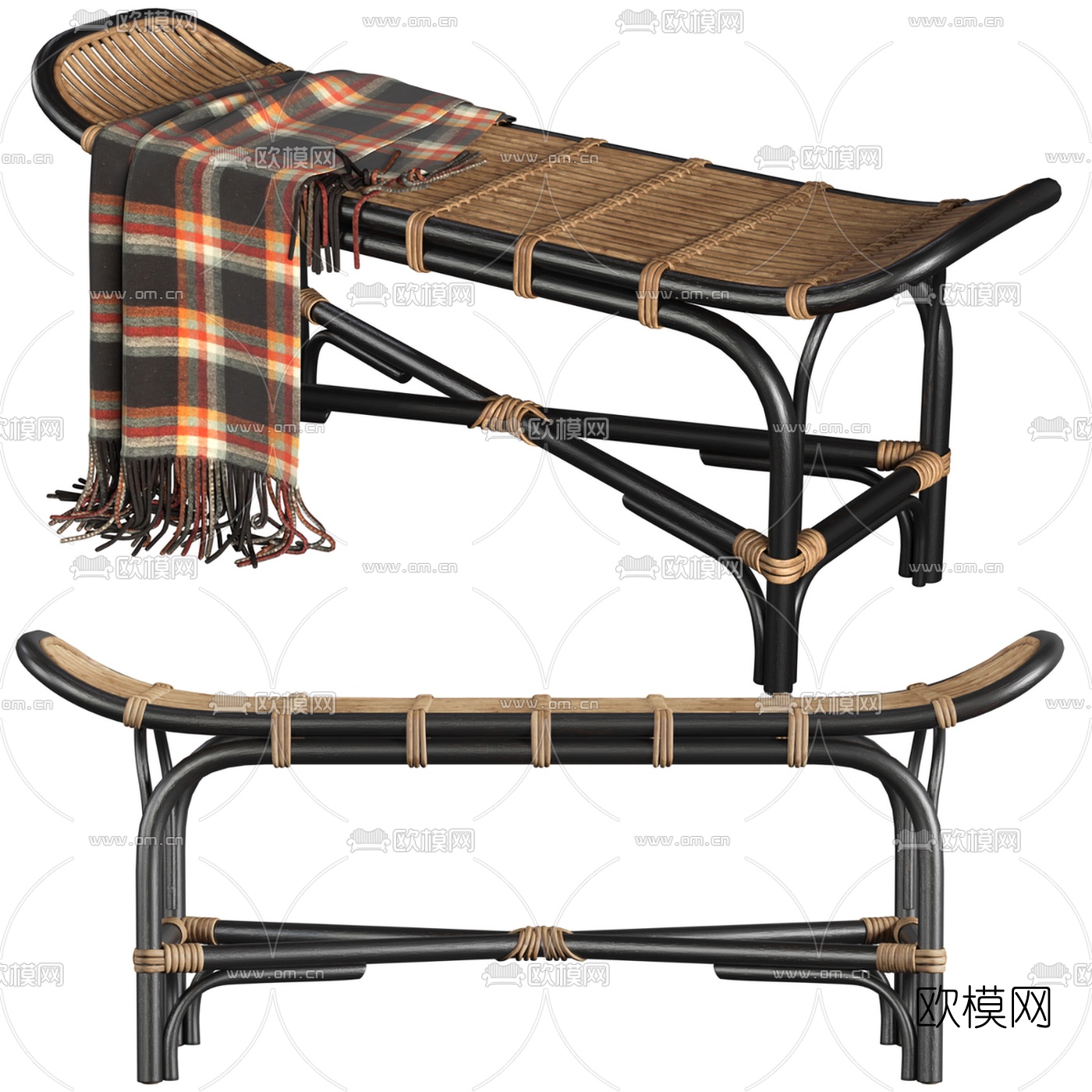新中式藤编床尾凳3d模型下载