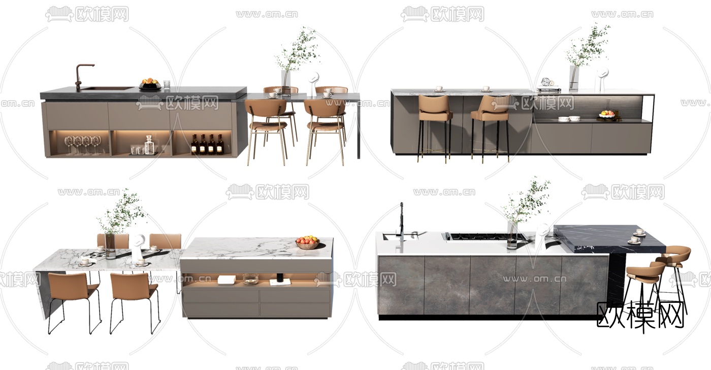 现代中岛台餐桌椅3d模型下载