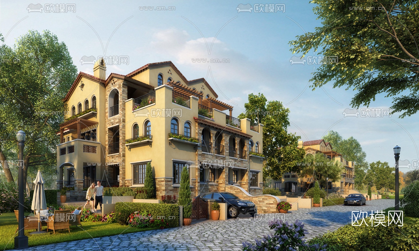 美式独栋别墅外观3d模型下载