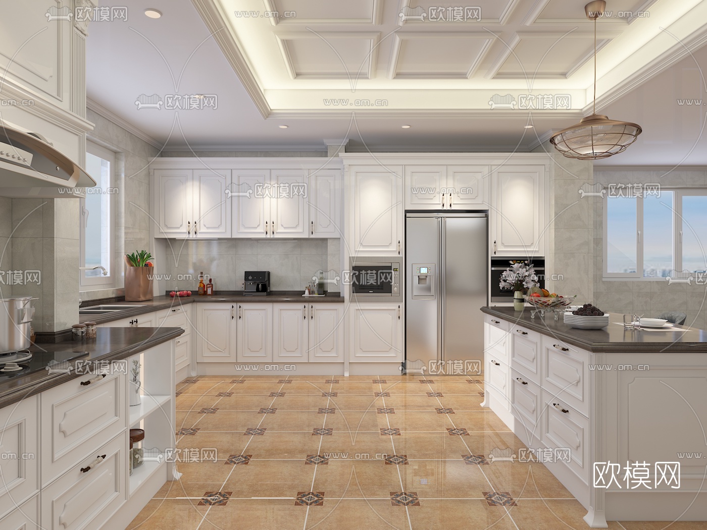 简欧中岛厨房免费3d模型下载（渲染图2）
