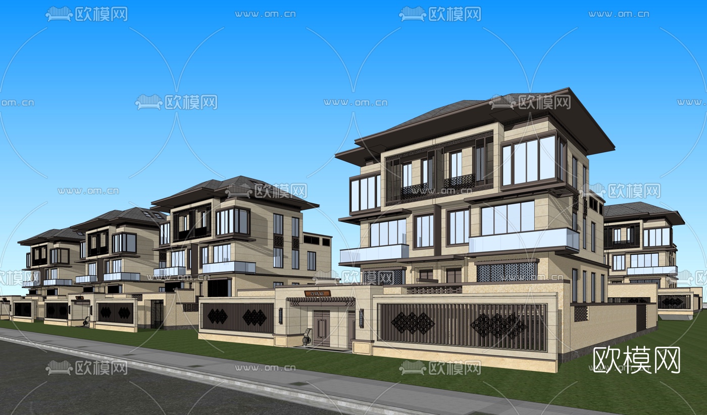 新中式别墅外观su模型下载（渲染图2）