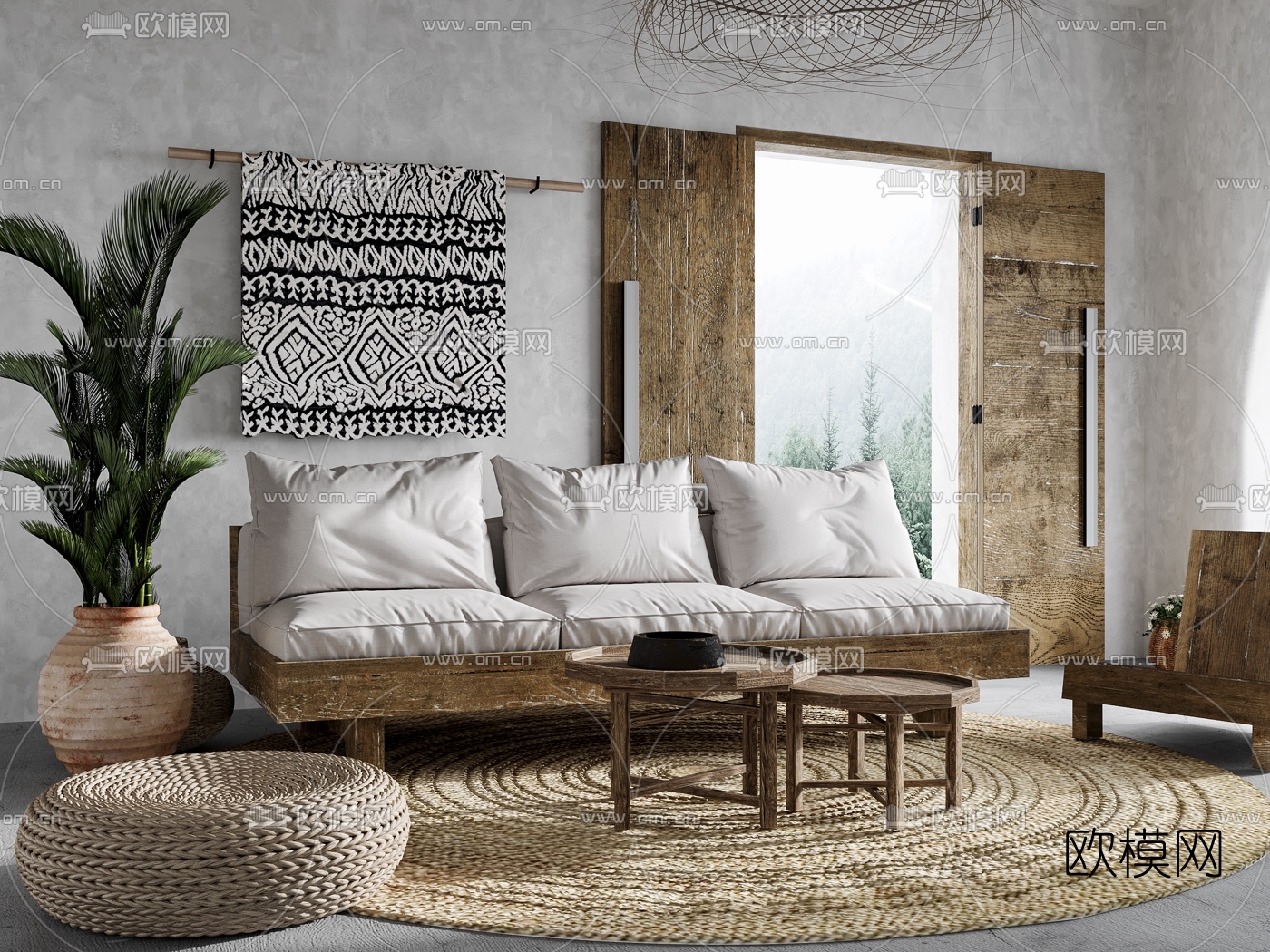 自然风原木沙发组合3d模型下载