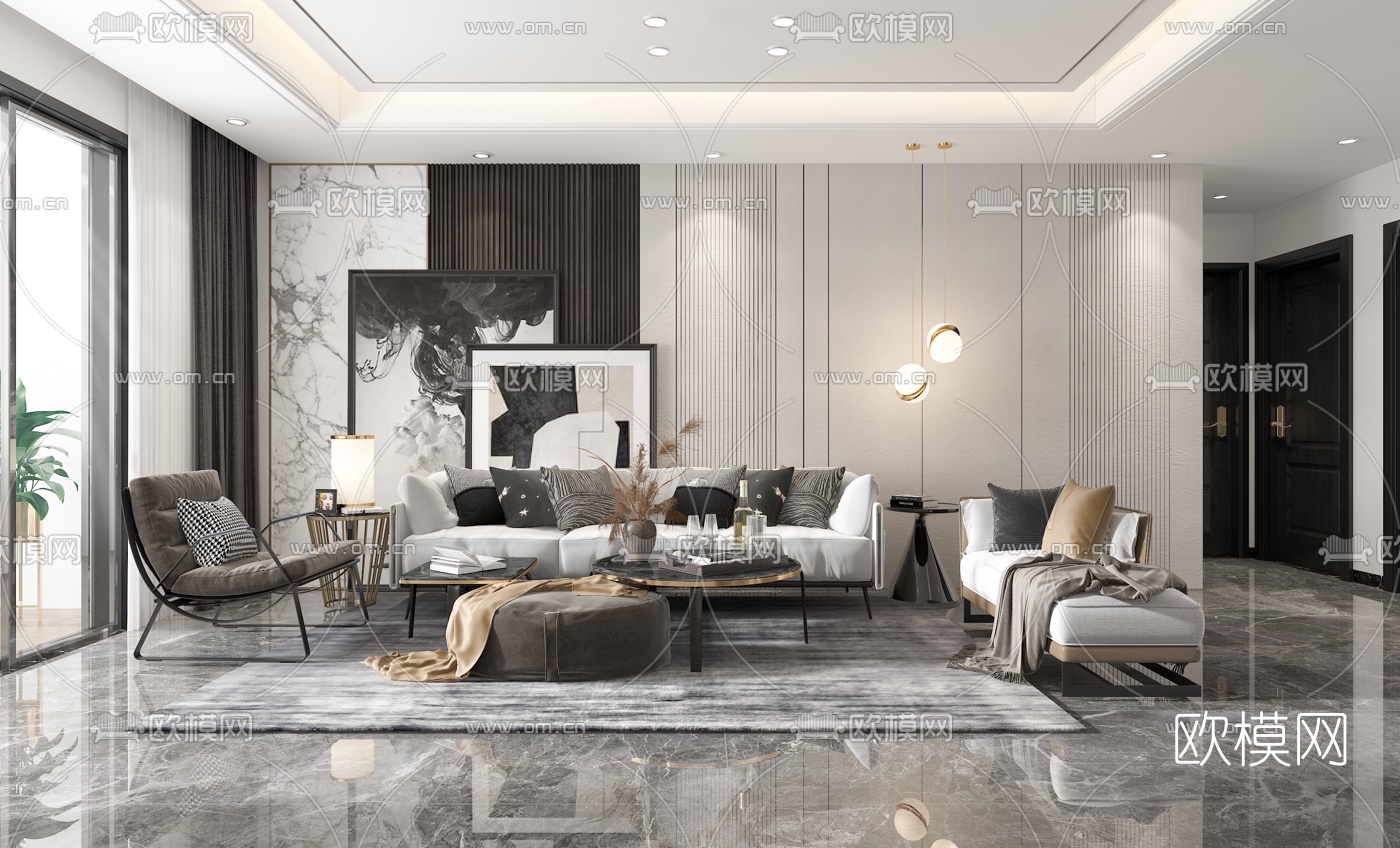 现代布艺沙发组合3d模型下载