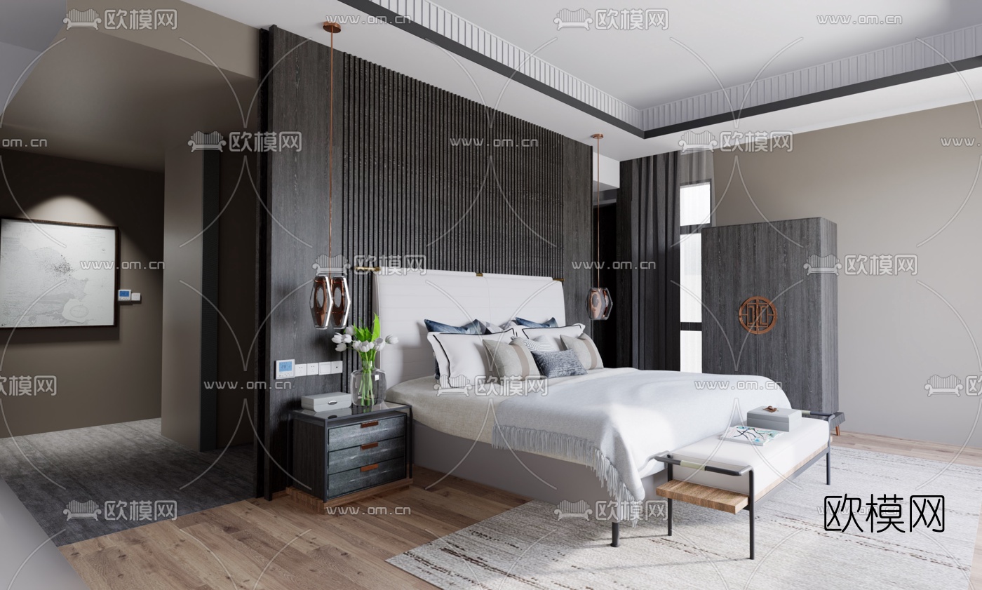 中式卧室su模型下载