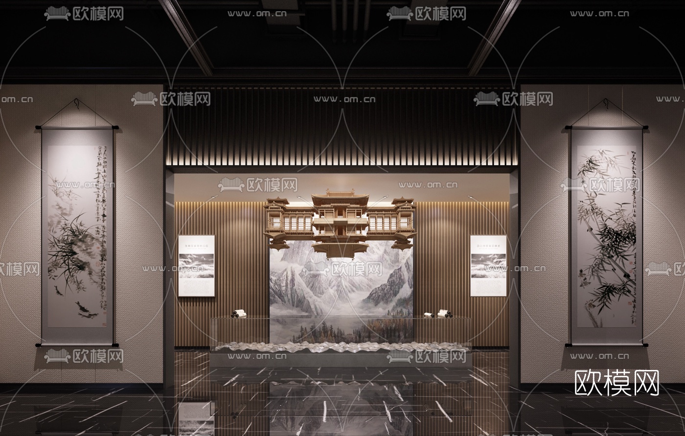 现代轻奢书画展厅3d模型下载（渲染图1）