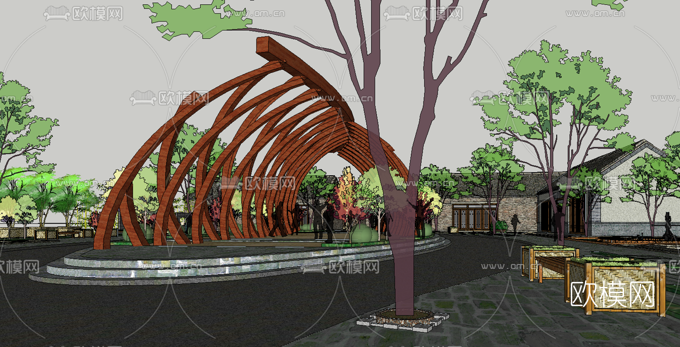 新中式民宿小镇鸟瞰su模型下载（渲染图3）