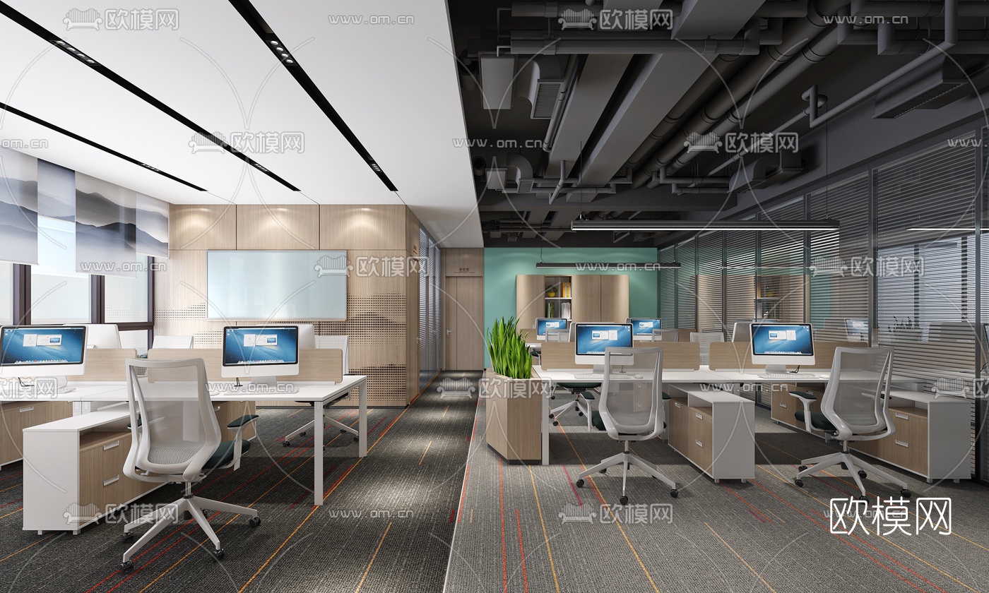 工业风敞开式办公室3d模型下载