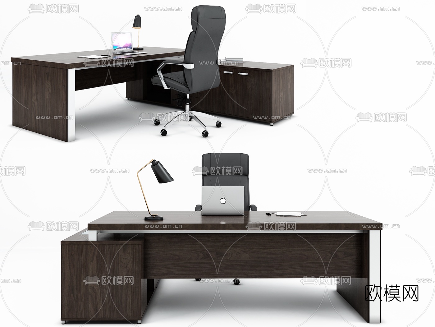 现代原木班台桌椅3d模型下载（渲染图1）